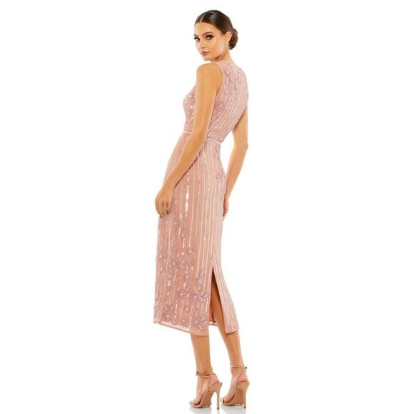 MAC DUGGAL 70260 Womens Rose Striped Floral Embellished Sleeveless Midi Dress - Picture 4 of 13